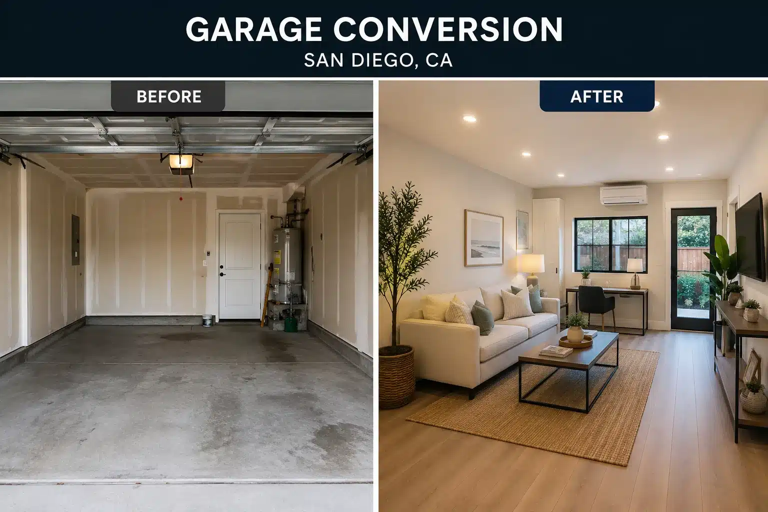 Before-and-after comparison of a San Diego garage conversion