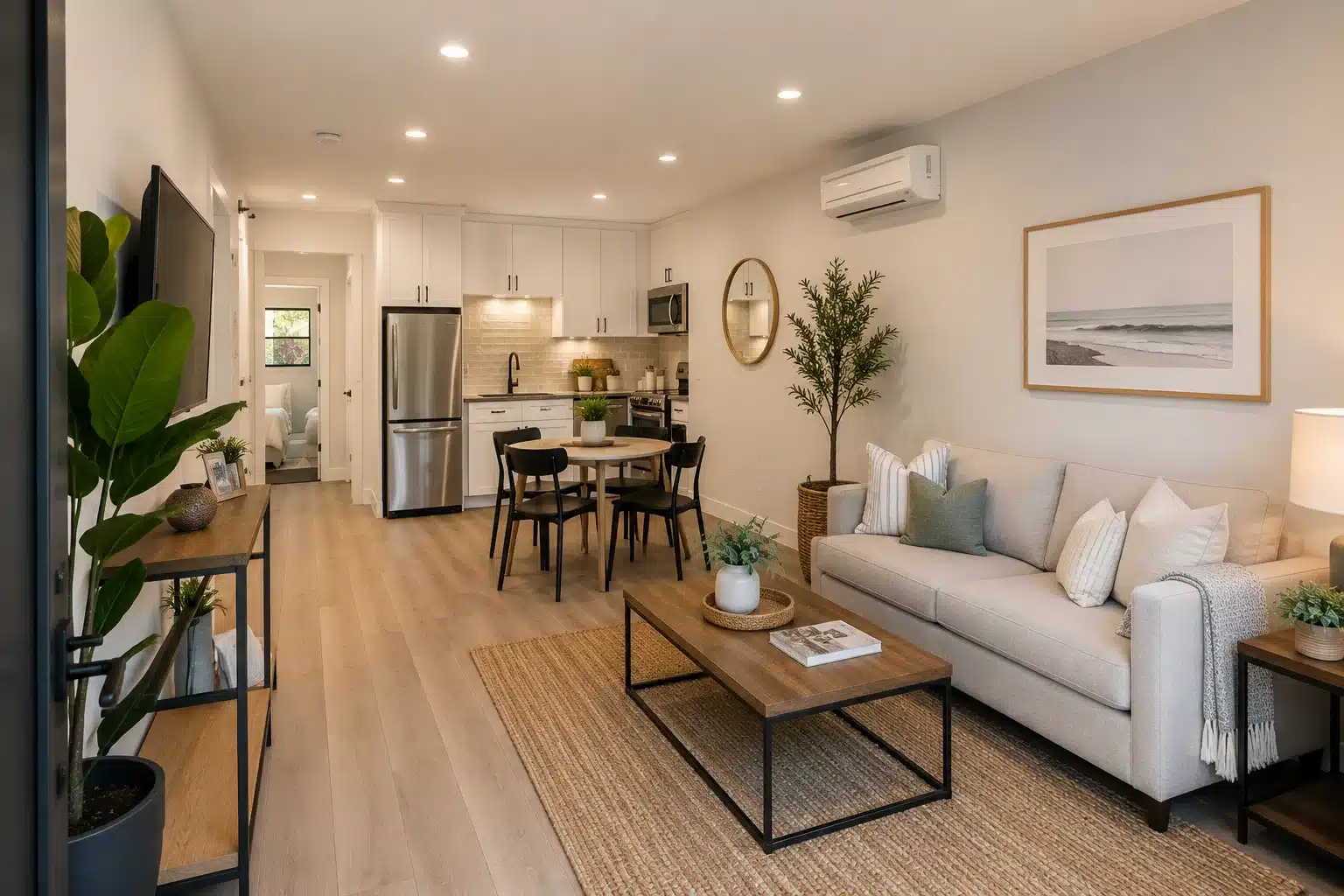 Finished San Diego garage conversion with living room, dining area, and kitchen